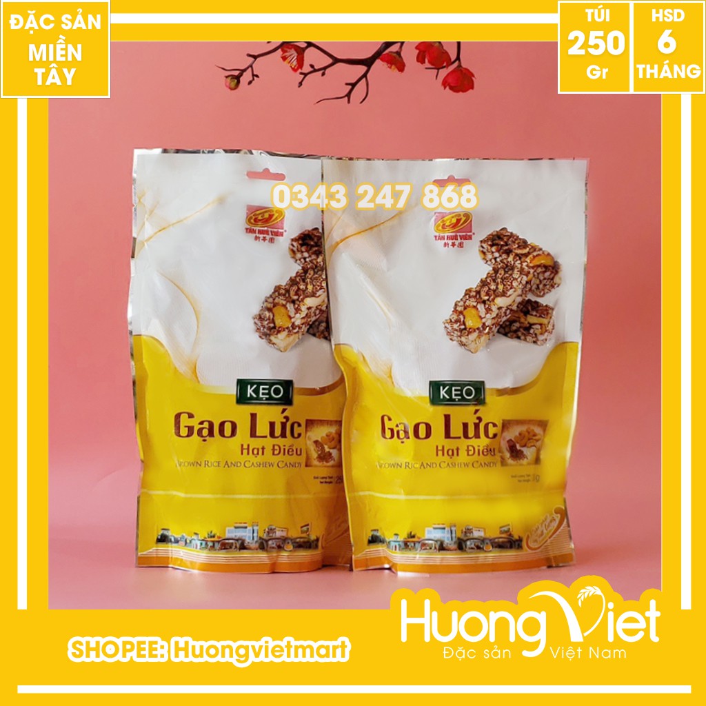 Kẹo gạo lức hạt điều cao cấp Tân Huê Viên 250g, kẹo gạo lứt Sóc Trăng