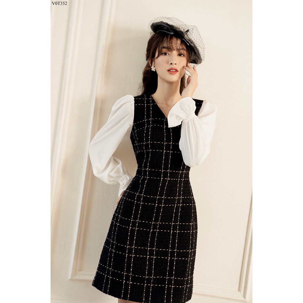 Váy dạ tweed cổ V phối tay trắng thanh lịch TIINSTORE V0T352