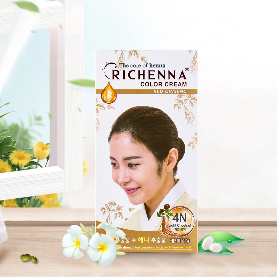 Thuốc nhuộm tóc phủ bạc thảo dược nhân sâm Hàn Quốc Richenna Hi-Speedy Color Red Ginseng màu nâu hạt dẻ sáng 60G