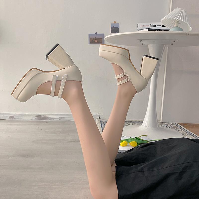 Giày Cao Gót Đế Dày Mũi Vuông Chống Thấm Nước Phong Cách Retro Cho Nữ