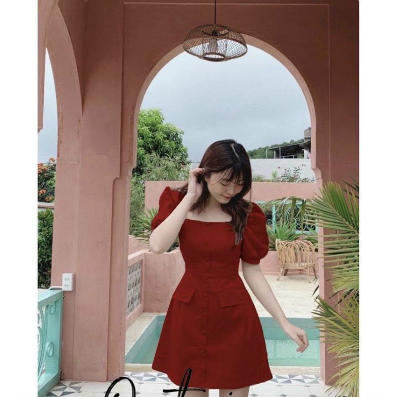 đầm basic 2 màu nút giả nơ cổ