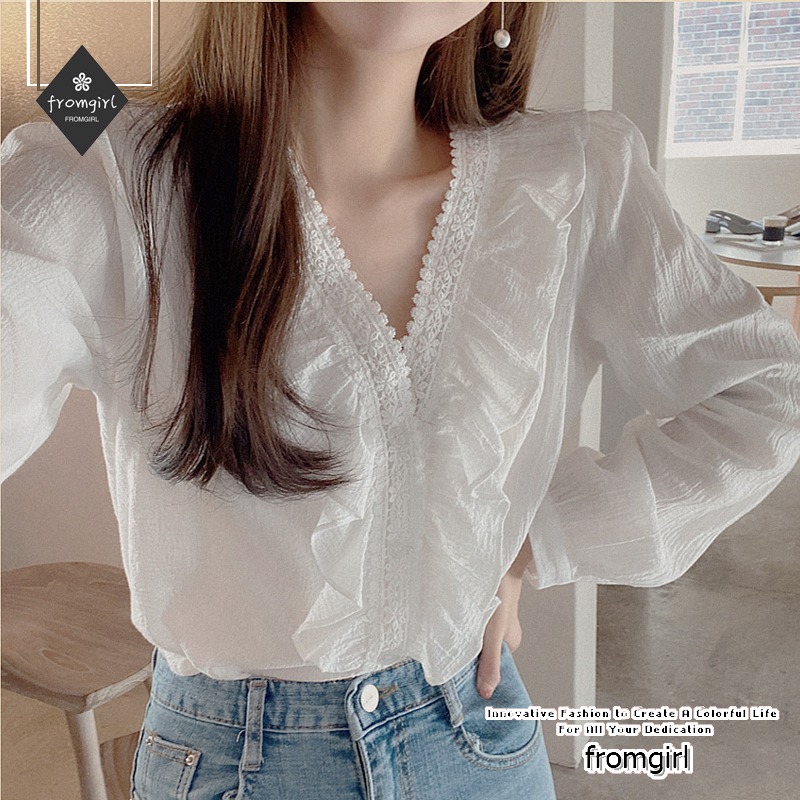 Áo cổ chữ V phối ren phong cách Hàn Quốc thanh lịch trẻ trung cho nữ