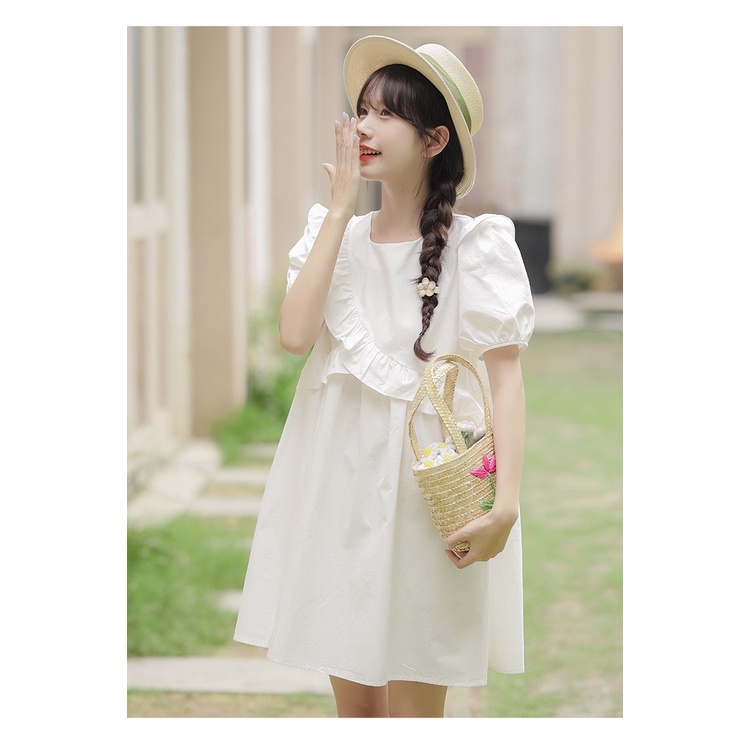 [Ảnh thật/Sẵn] Váy babydoll viền bèo vai chéo ngực dáng xòe tay bồng ulzzang