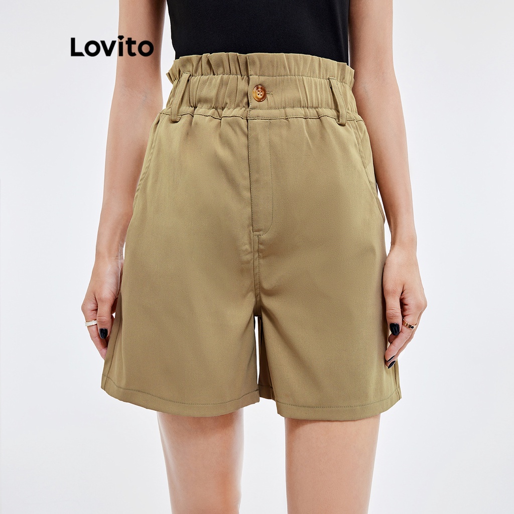 106DP-Quần short Lovito màu trơn thiết kế túi giấy ngay thắt lưng có túi phong cách thường ngày L25AD050 (màu kaki)