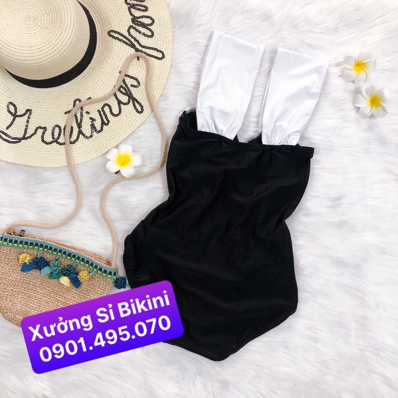 [BIKINI 1 MẢNH CAO CẤP] Đồ bơi nữ, đồ tắm 1 mảnh nhún ngực màu đen dây vai trắng bảng to cá tính