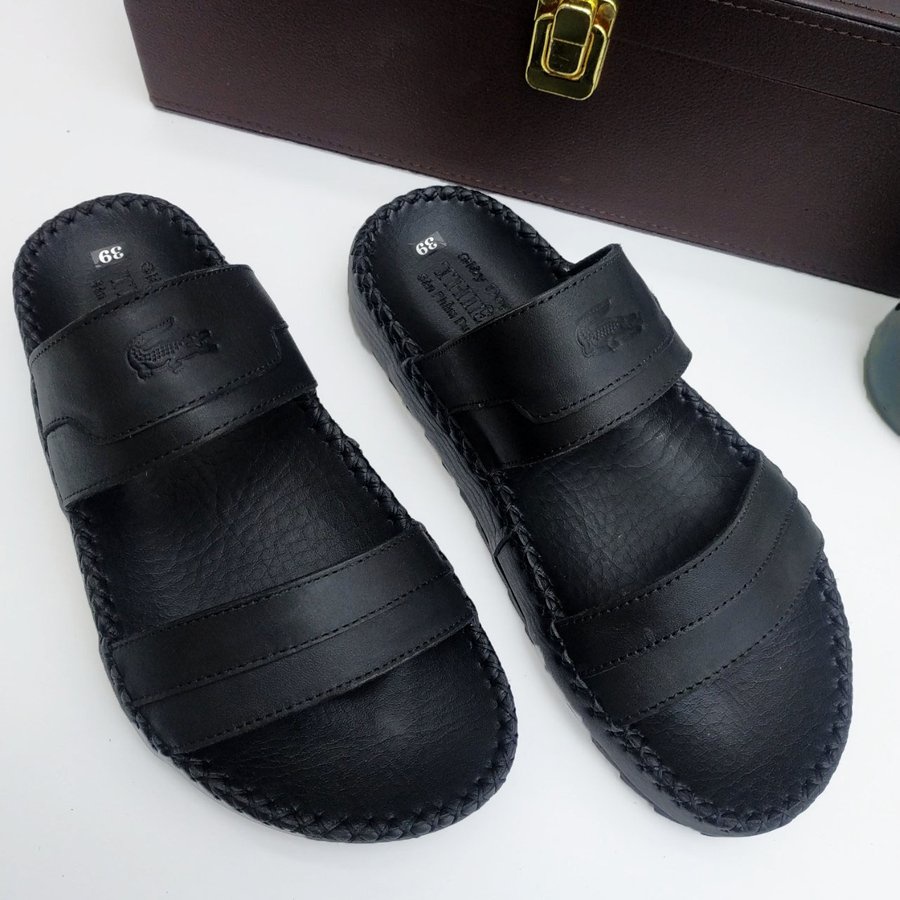 Dép nam thời trang H76 quai ngang da bò cao cấp màu đen thanh lịch đế khâu chắc chắn,giá tốt