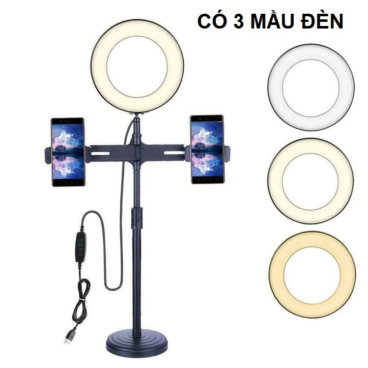 Đèn Livestream Kẹp 2 Điện Thoại, Và Đèn Kiêm Giá Đỡ 3 Điện Thoại Cao 55cm - Quay Video Makeup