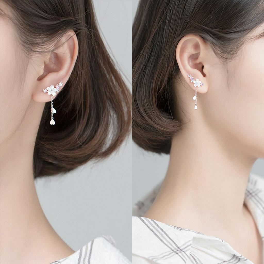 Khuyên tai bạc nữ dáng dài bạc ý s925 hình bông hoa 5 cánh đính đá sang trọng - B2630 - Bảo ngọc Jewelry