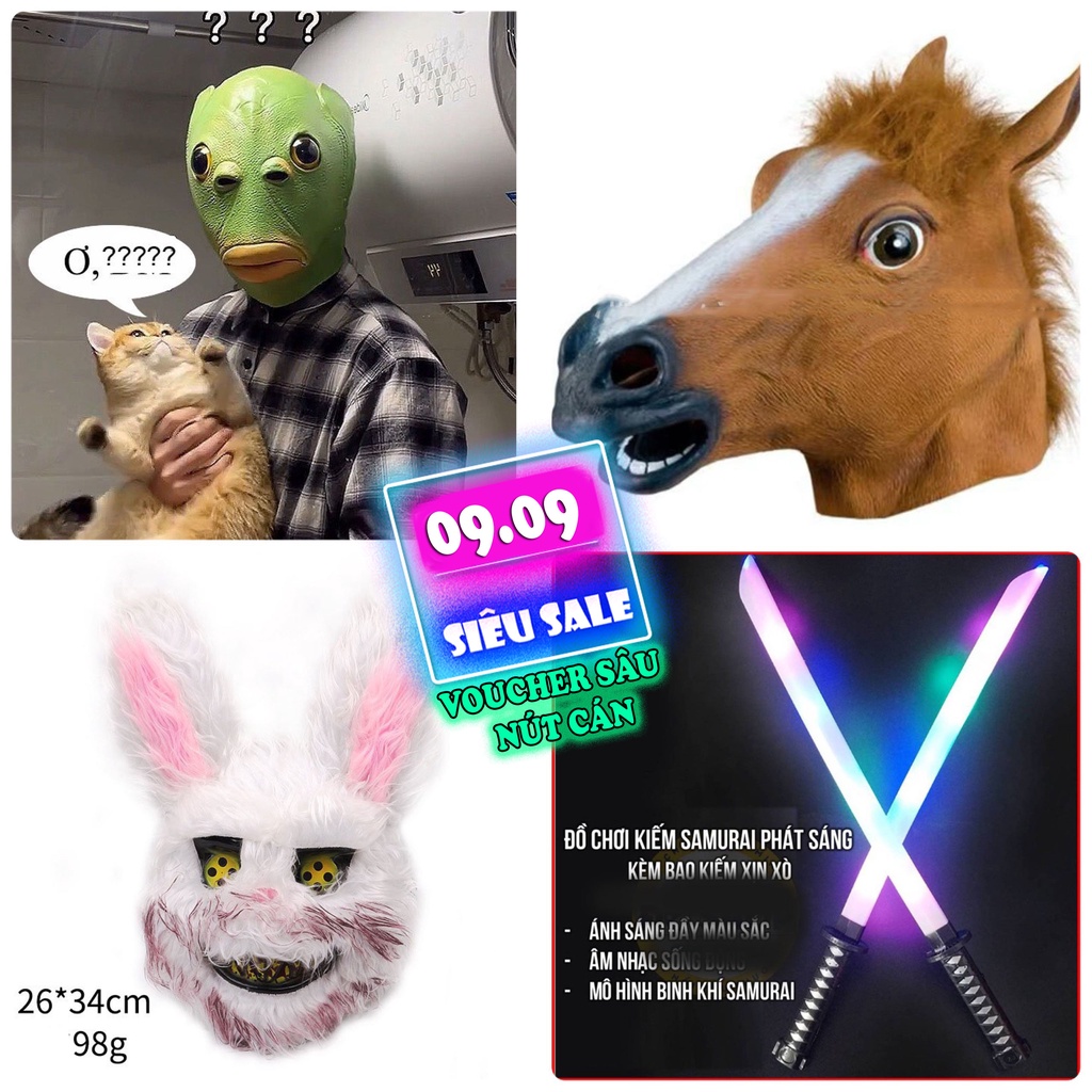 Mặt nạ đầu cá xanh, hóa trang mat na trùm đầu ếch xanh, ma sơ, kinh dị, hóa trang HALLOWEEN, kiếm ánh sáng