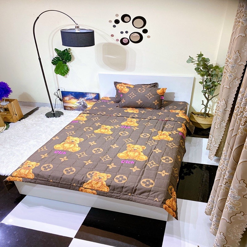 Set ga gối chăn hè chần bông Cotton 5 món EMMIBedding, mẫu Gấu nâu mền cotton họa tiết đáng yêu