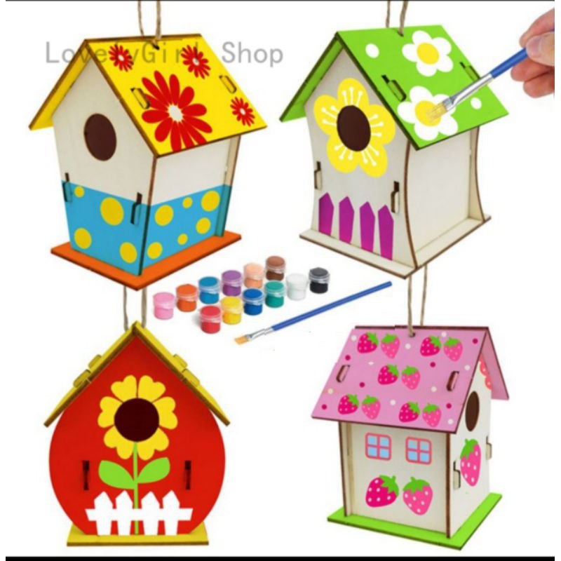 (Combo 4 mô hình nhà và 12 màu kèm 1 cọ vẽ) Đồ chơi Mô hình Lắp ráp và tô màu nhà gỗ