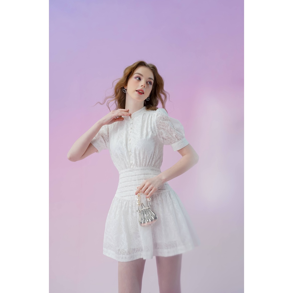 Váy liền nữ Méo shop kiểu Hàn ngắn tay cổ tàu hoạ tiết hoa dáng xòe Cerin