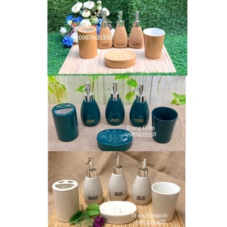 Set bình sứ xịt logo dầu gội-sữa tắm-rửa tay, cốc, hũ để xà phòng, cắm bàn chải loại 1Gốm sứ Bát Tràng
