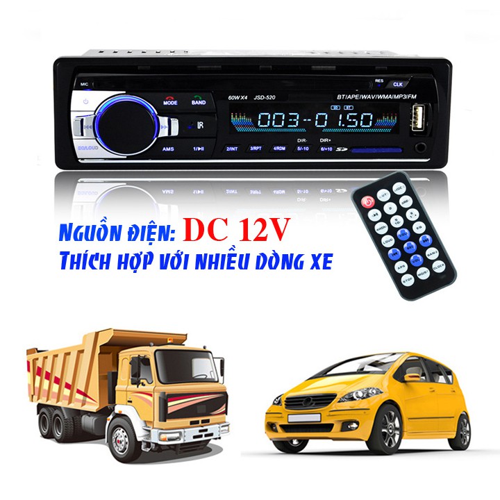 Đầu Nghe Nhạc MP3 Kiêm Đài FM Hỗ Trợ Bluetooth Cho Ô Tô DC12V JSD-520