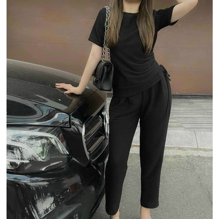 Sét bộ áo cộc quần dài áo rút dây một bên eo kiểu đơn giản mà sang chảnh vải co giãn 3 màu nâu đen và hồng siêu xinh