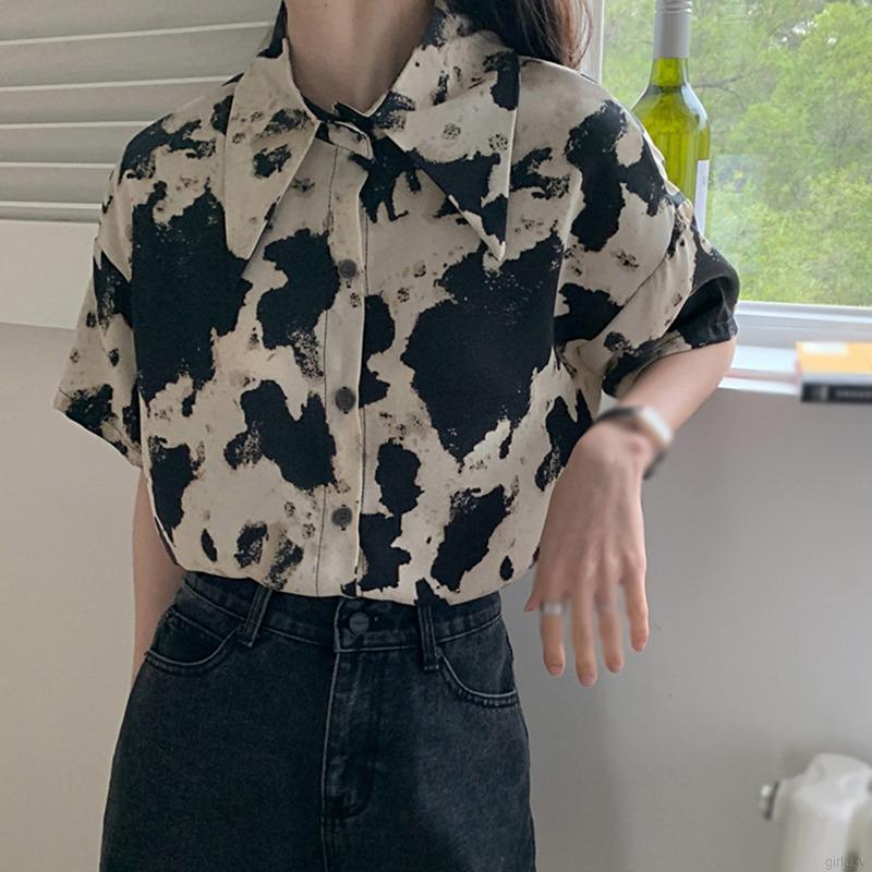 Áo sơ mi tay ngắn in họa tiết da báo thời trang cho nữ