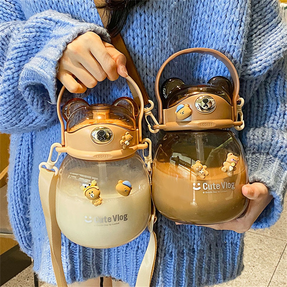 1300ml cartoon bear plastic cup Children's Portable Outdoor Straw Strap Mug Mug Student Cross Belly cup
