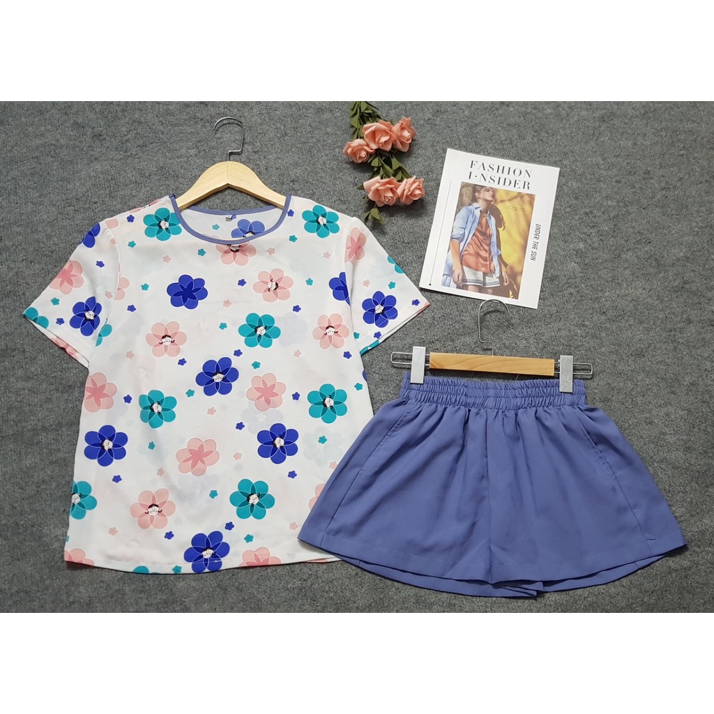 Đồ Bộ Nữ, Đồ Bộ Mặc Nhà, Bộ Áo Nữ Tay Ngắn Cổ Tròn Lụa Mango Họa Tiết Phối Quần Sọc Màu Trơn, Nhiều Màu, Full Size, Thời | BigBuy360 - bigbuy360.vn