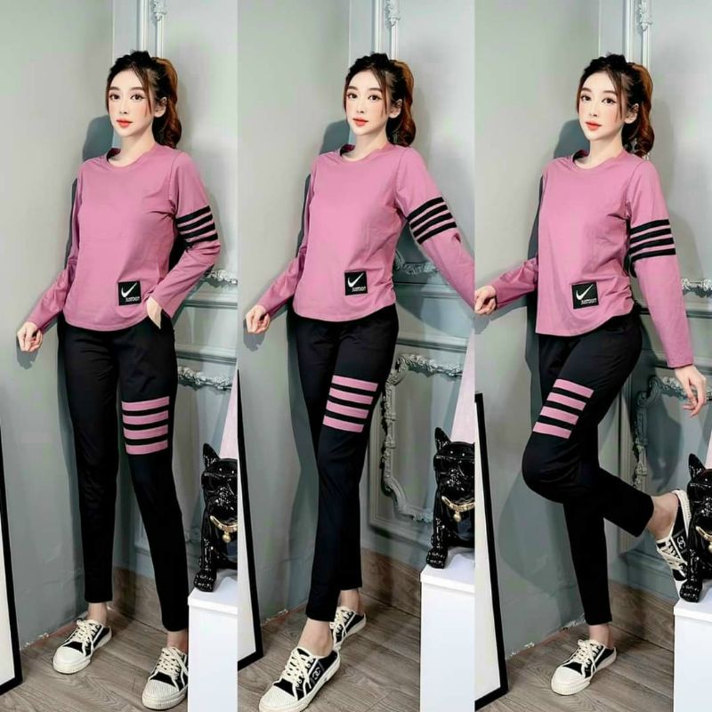 HR Bộ cotton nữ dài tay phối sọc siêu xinh