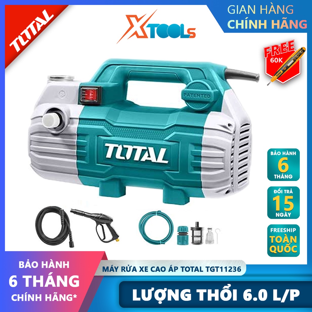 Máy rửa xe TOTAL TGT11236 thiết bị vệ sinh xe điện thế 220-240V~50Hz 1500W, Áp suất tối đa 100Bar đánh bay bụi bẩn