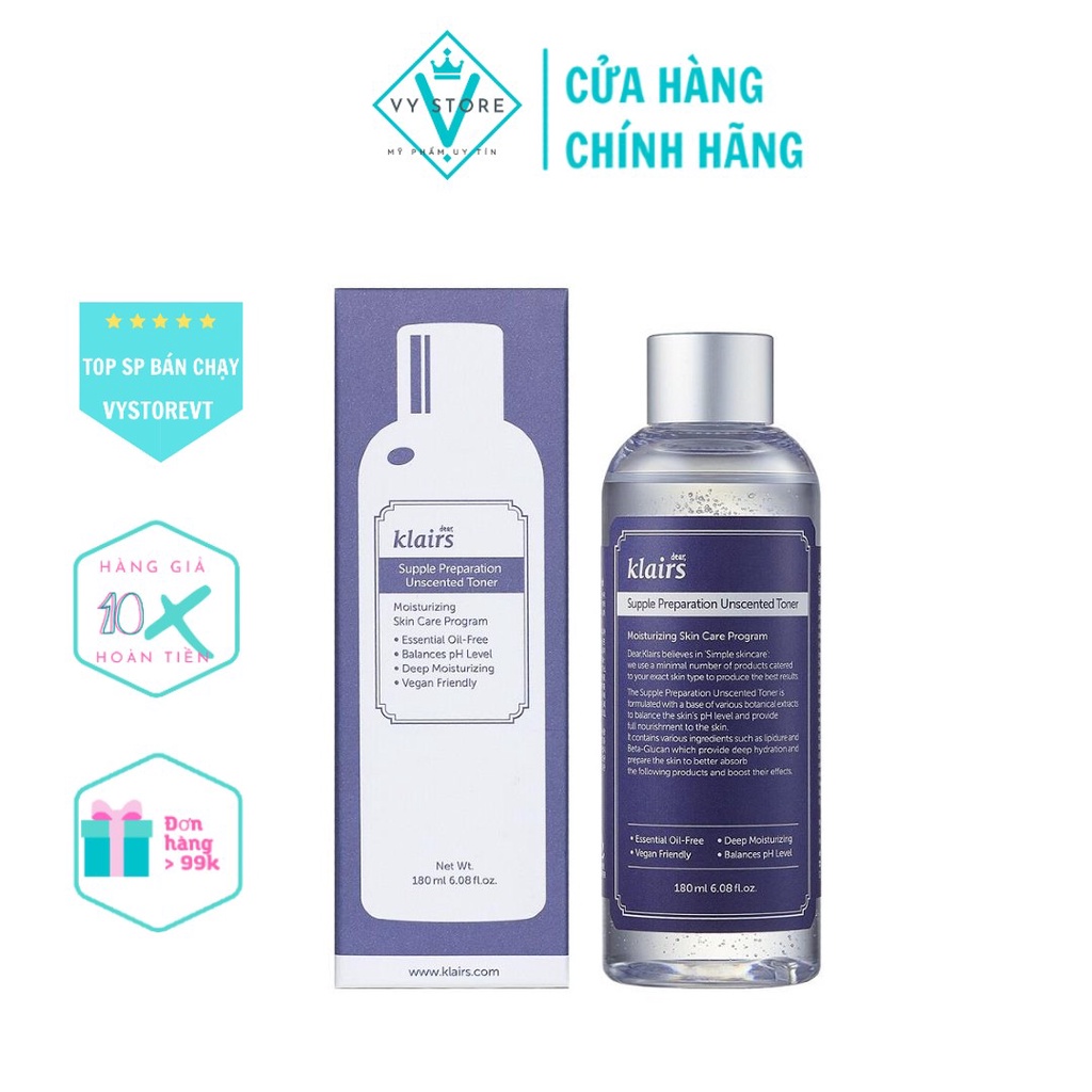 Nước hoa hồng không mùi Klairs Supple Preparation Unscented Toner 180ml - mỹ phẩm VYSTOREVT cosmetics