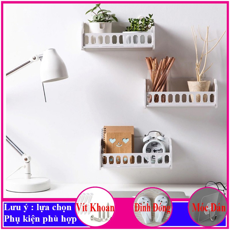 Kệ treo tường trang trí không cần khoan, chất liệu gỗ nhựa cao cấp màu trắng, decor không gian sống - a22