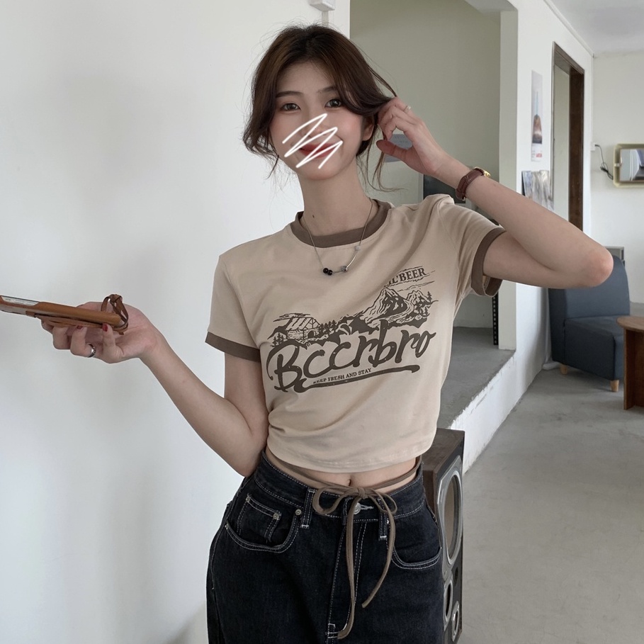 Áo Thun Ngắn Tay Phối Ren Phong Cách retro Thời Trang Cho Nữ