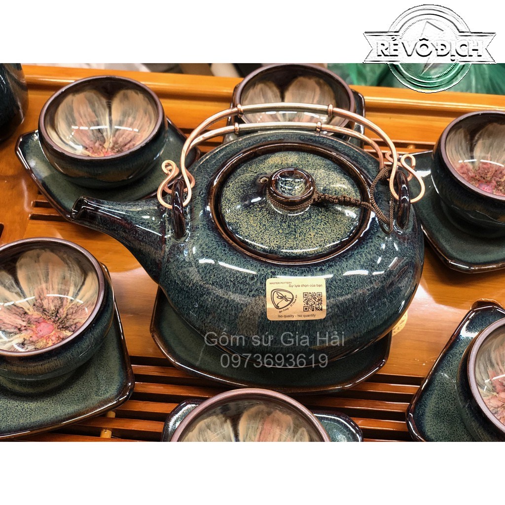 Bộ ấm chén nghệ nhân Bát Tràng men hỏa biến chuồn dáng Giang Tây
