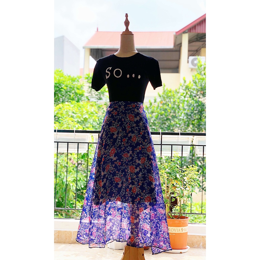 Chân Váy Maxi Hoa Nhí 2 Lớp, Váy Nữ Vintage Dáng Dài