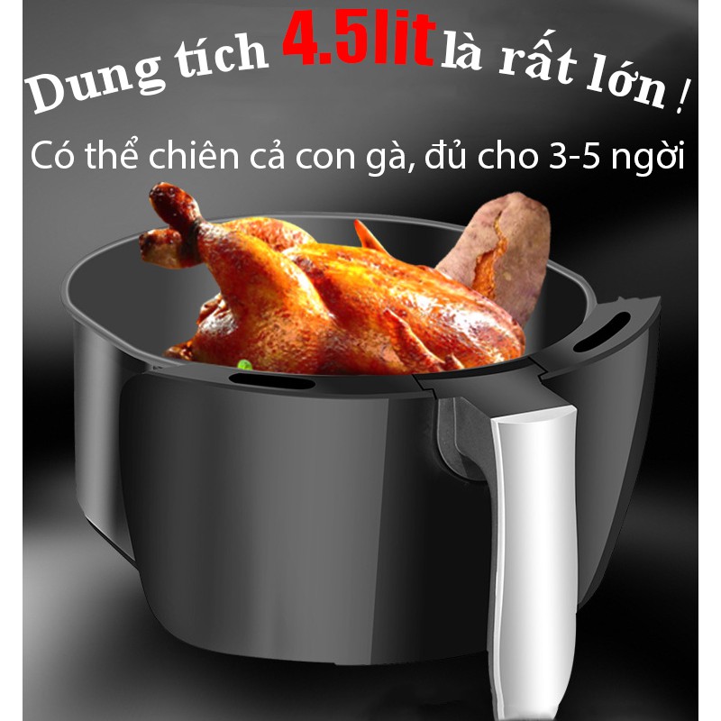 Nồi chiên không dầu dung tích lớn 4.5Lit, Thiết kế vỏ cải tiến 2 lớp giảm toả nhiệt, chạy cực êm, tiết kiệm điện