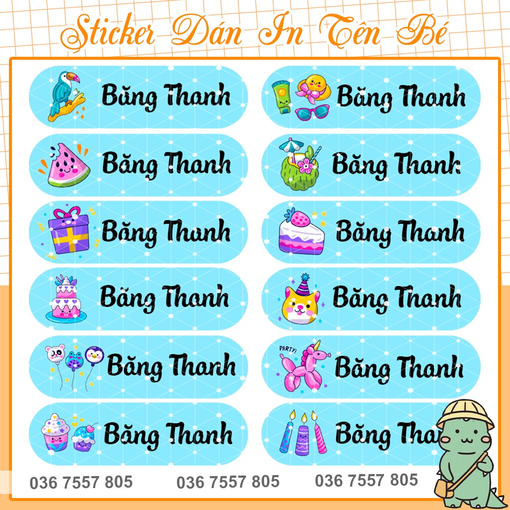 Hình Dán In Tên Bé - 96 nhãn dán - thiết kế theo yêu cầu - mẫu 12 hình - Tem dán - Nhãn dán đồ dùng học tập cho bé