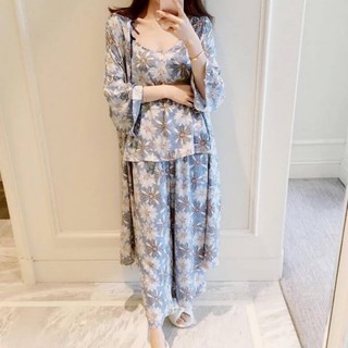 Đồ bộ kèm áo khoác mặc nhà dạo phố xinh xắn tinh tế hoạ tiết trang nhã chất vải mềm mại thoáng mát