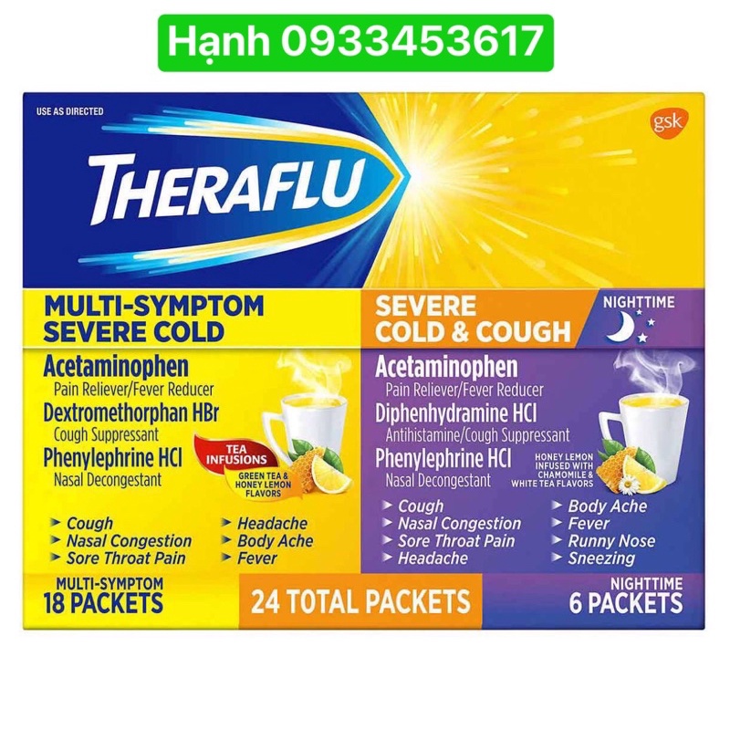 trà THERAFLU 24 gói trà cảm lạnh cảm cúm ho của Mỹ