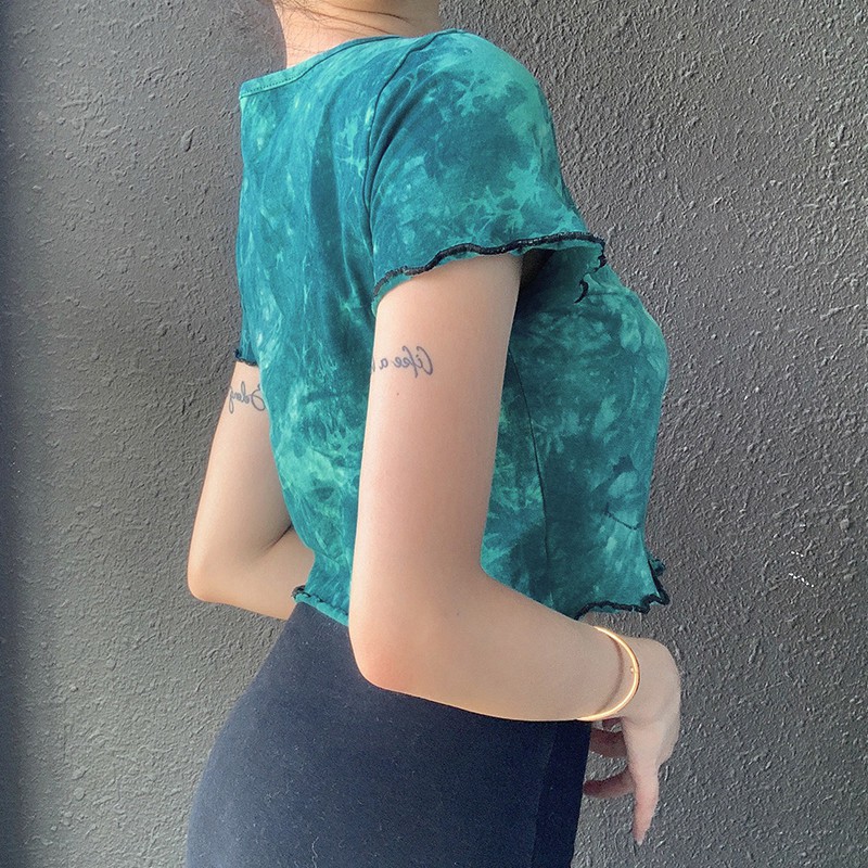 Women Fashion Tie-dye Butterfly Embroidery Top Summer Short Sleeve Round Neck Crop Top