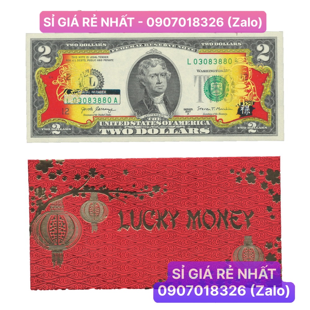 [10 Set] Bộ Quà Tết tờ 2 USD in Thần Tài Vàng tài lộc, quà tặng ý nghĩa - kèm bao da đỏ