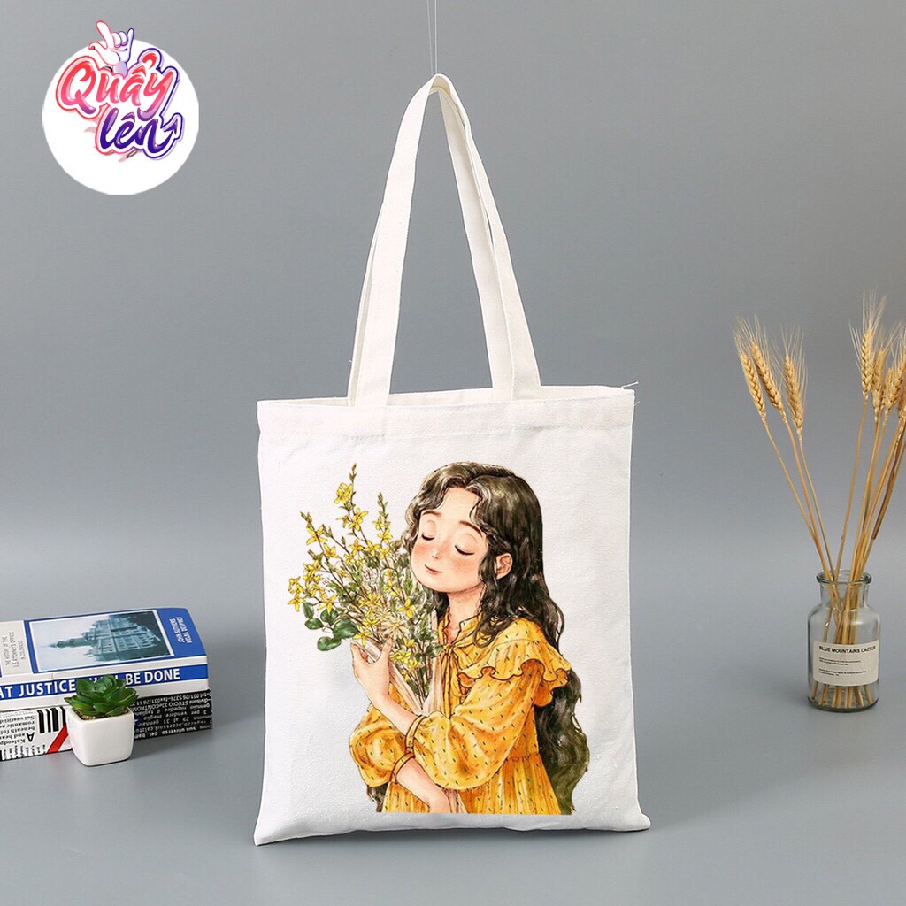 Túi tote vải canvas họa tiết cô gái dễ thương có khóa miệng