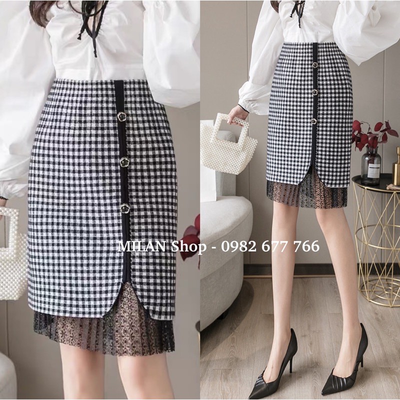 Chân váy len phối ren đính khuy hoa trà sang chảnh | BigBuy360 - bigbuy360.vn