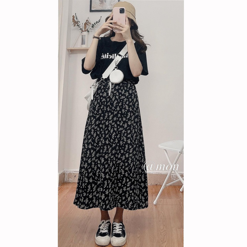 2101619 Chân váy midi hoa nhí dáng dài chất voan cát mềm mát có lót trong dày dặn không lộ freesize | BigBuy360 - bigbuy360.vn