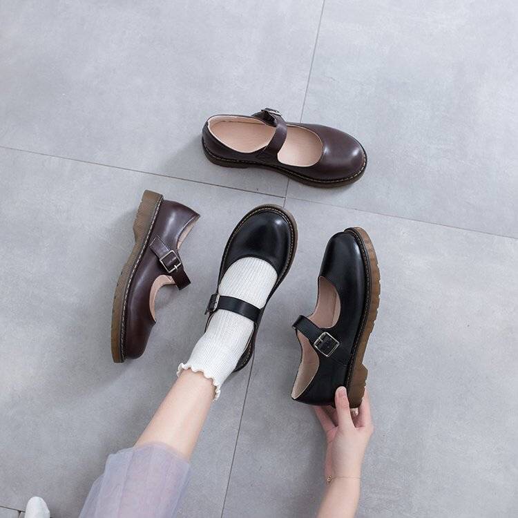 Giày Da Mũi Tròn Thời Trang Nhật Bản Xinh Xắn Dành Cho Nữ
