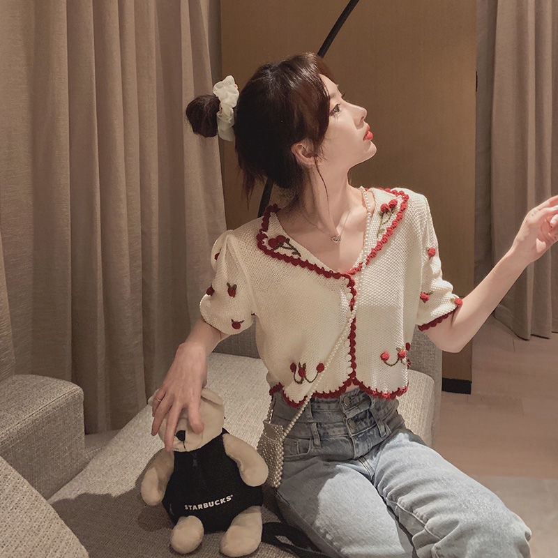 Áo khoác cardigan dệt kim mỏng tay ngắn thêu họa tiết phong cách retro Pháp thời trang xinh xắn cho nữ