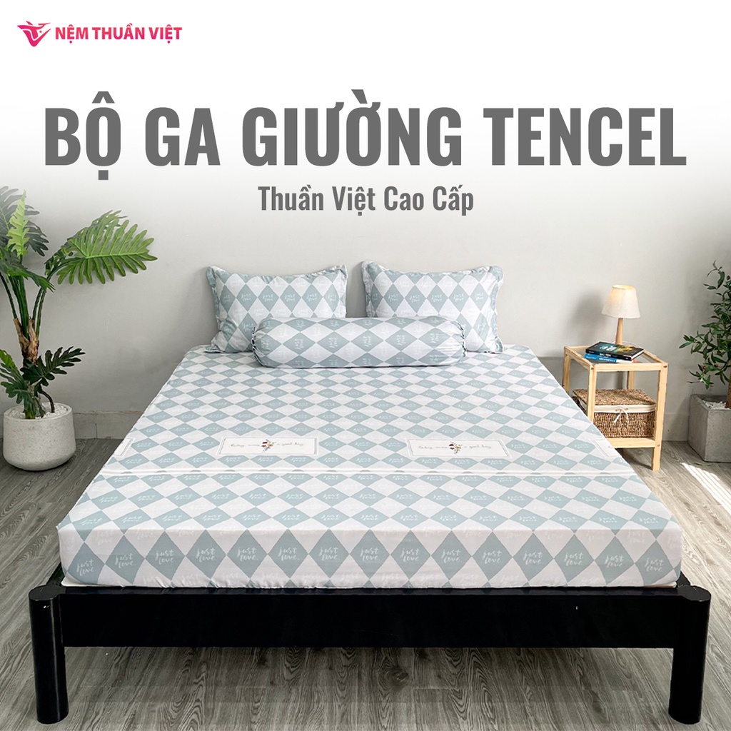 Bộ Ga Giường Tencel Thuần Việt Cao Cấp - Trắng Xám TVM14 (4 Món)