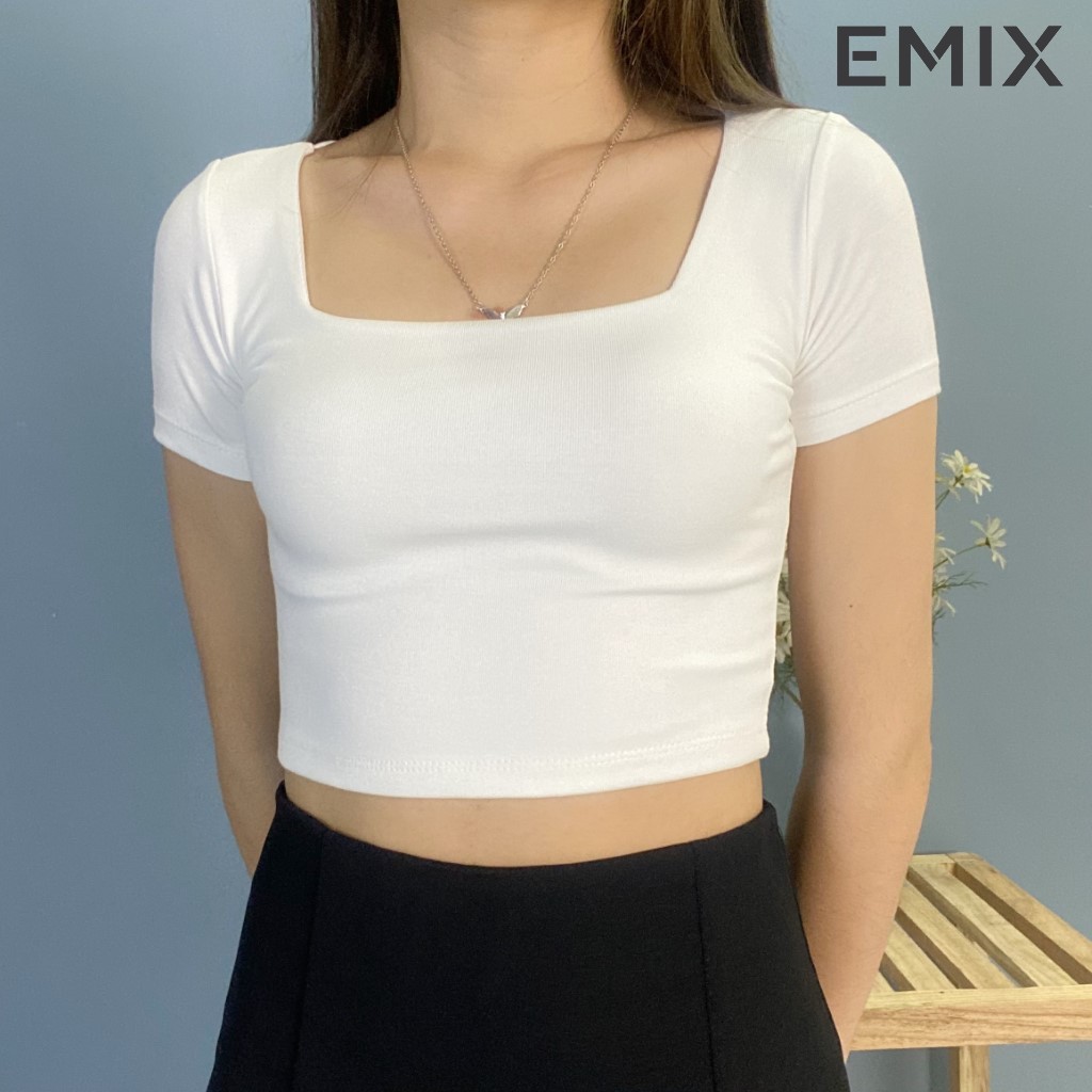 Áo thun nữ croptop cổ vuông EMIX (2 màu), cộc tay, dài 36cm, chất díp siêu co giãn, vải đẹp không lộ Crop205/P2.K6