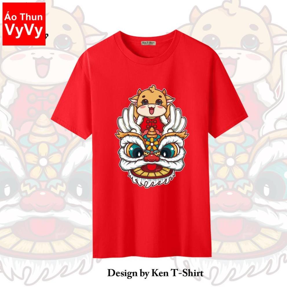 Áo Thun Tết Màu Đỏ In Hình Đầu Lân Chính Hãng Ken T-shirt
