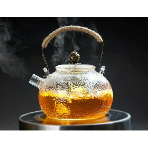 Ấm trà hoa thủy tinh trong vân mờ tay cầm đồng kết hợp dây thừng 650ml