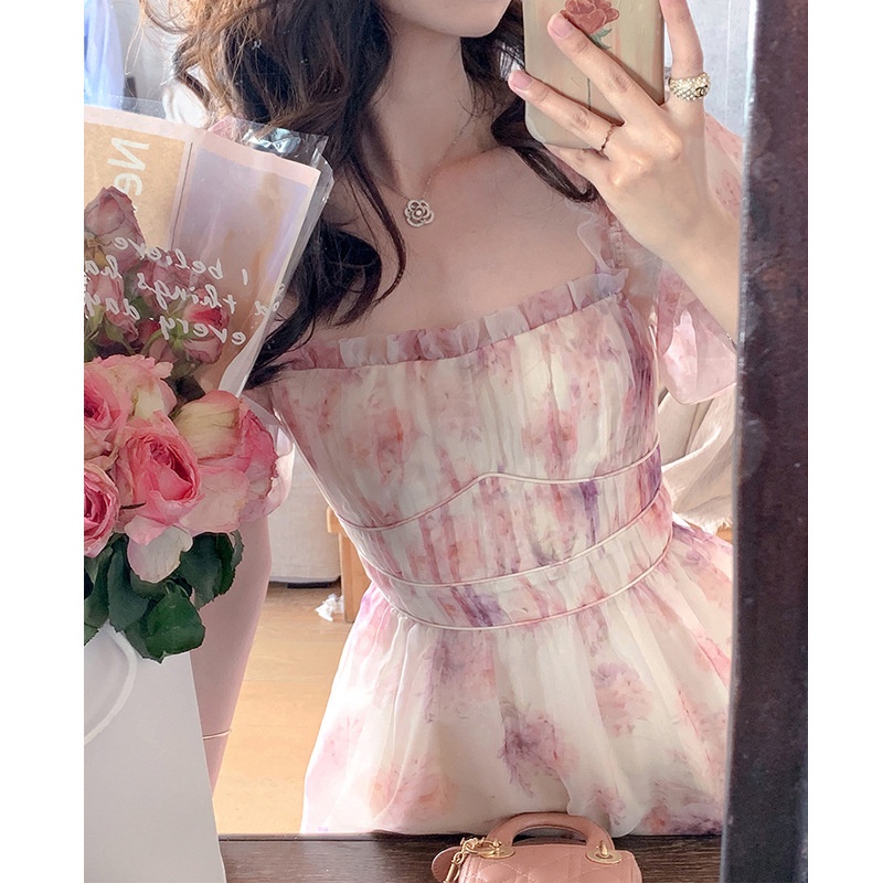 Váy maxi tơ hoa tay bồng tiểu thư, nhẹ nhàng nữ tính hàng Quảng Châu