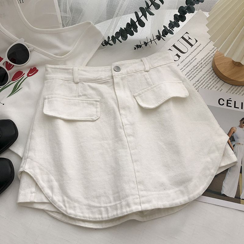 Jiashucheng Chân Váy Denim Kaki Lưng Cao Dáng Ngắn Chống Chói Dễ Phối Đồ