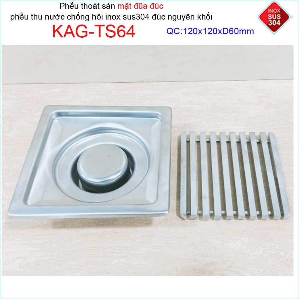 Phễu thoát sàn mặt đũa inox đúc Inox Kace 12x12cm D60 , thoát sàn KAG-TS64 (12x12cm D60) chống hôi SUS304