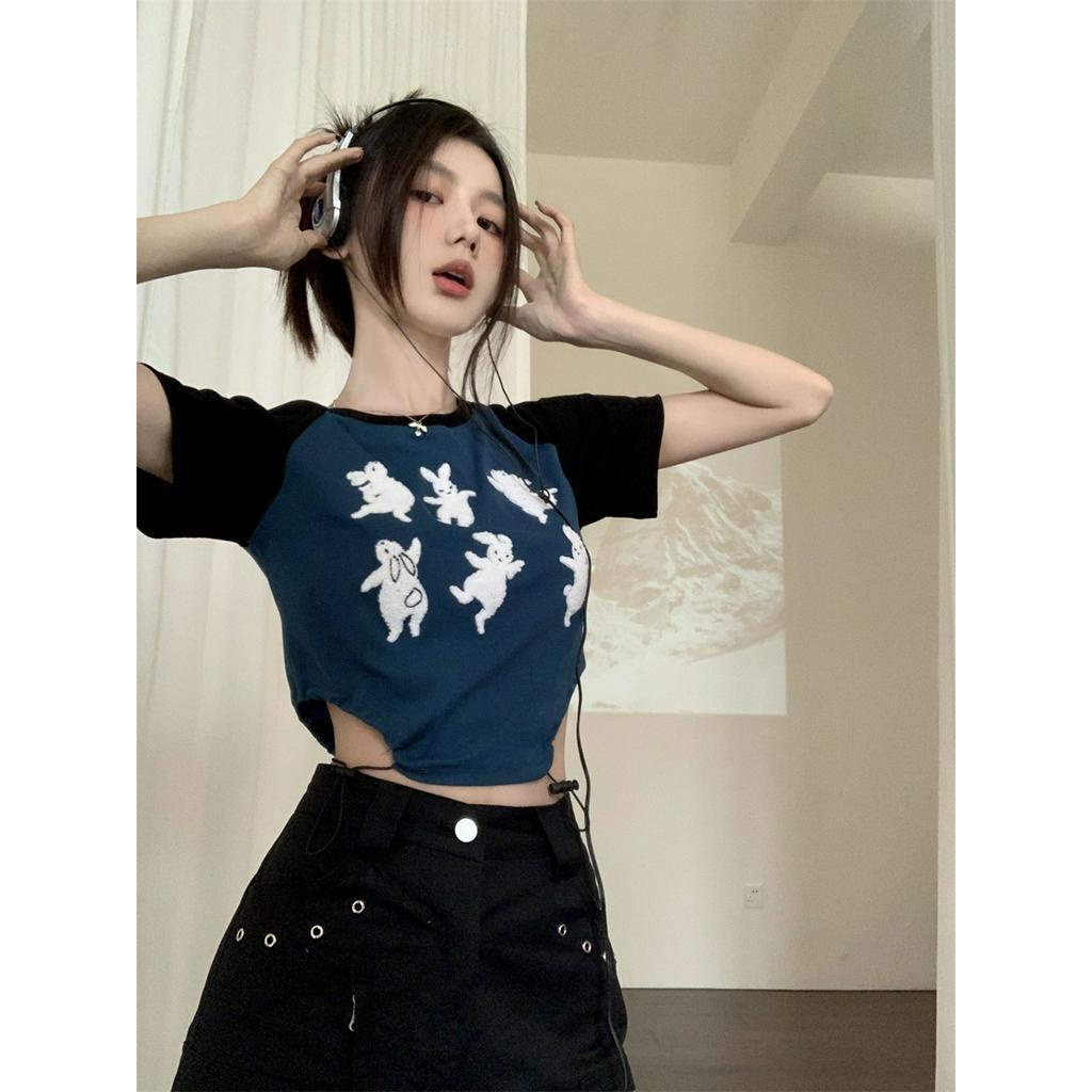 63059 Áo Thun Ngắn Ôm Vừa Vặn Hình Thỏ Nhảy Múa