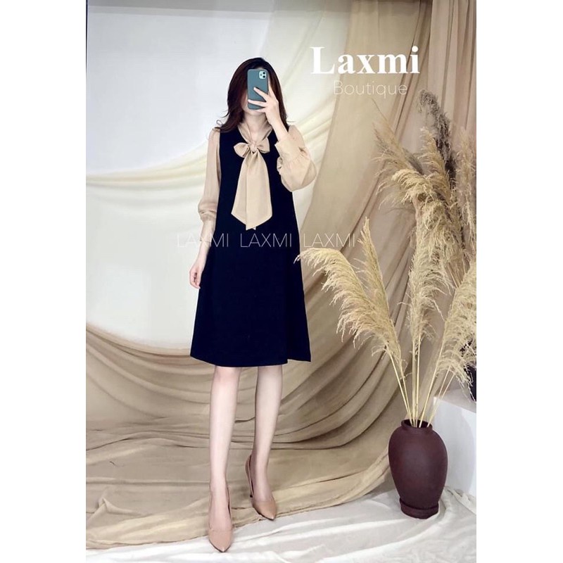 Đầm bầu dài tay-Váy bầu đũi xước công sở thắt nơ cổ 2 màu
