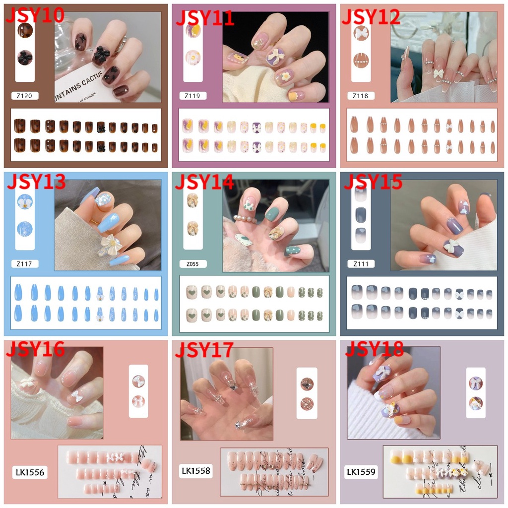 Set 24 Móng Tay Giả Dáng Dài In Họa Tiết Thời Trang Dễ Thương /  móng tay giả kèm keo / móng tay giả đính đá